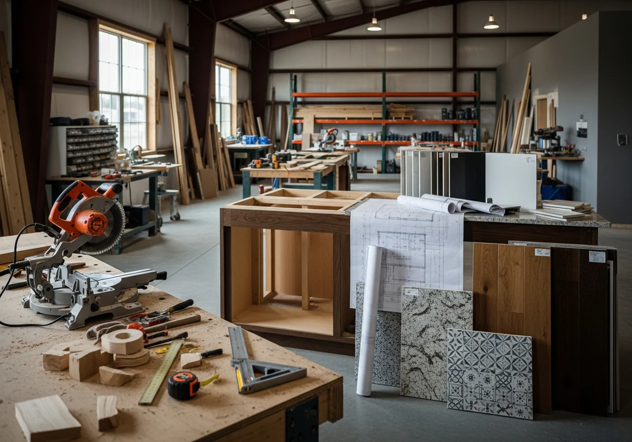 Construction crew and tools on a residential remodeling job site, showcasing hands-on craftsmanship and project readiness.
