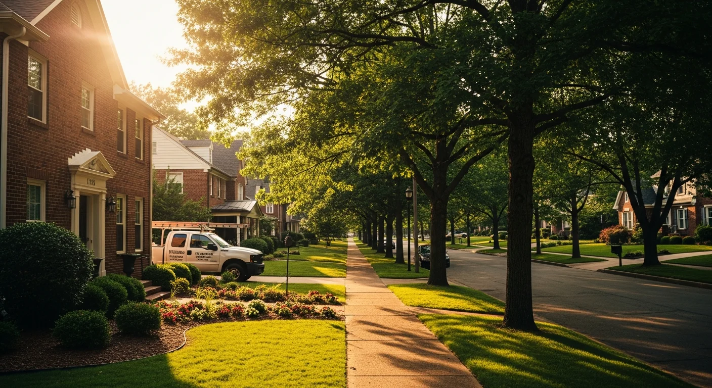 Residential street in Bentonville with well-maintained homes and mature trees lining the sidewalk.