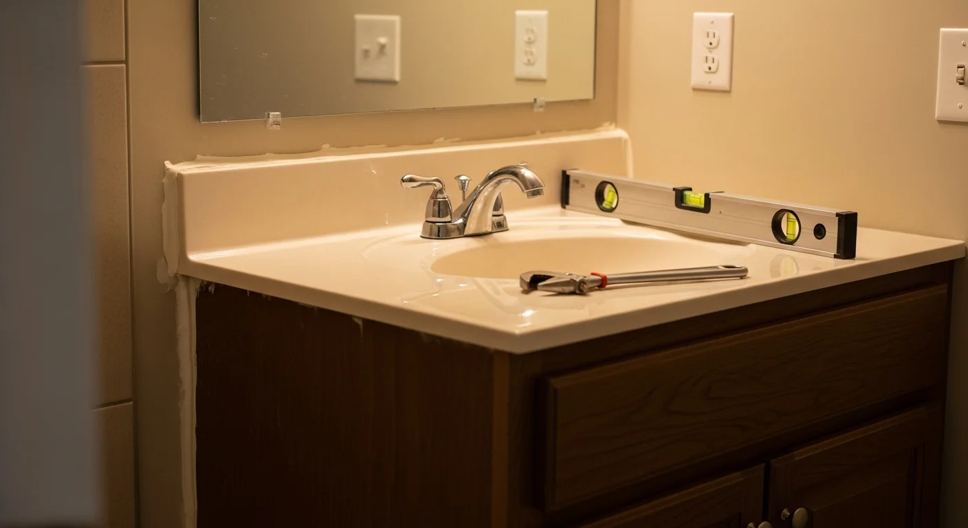 A newly installed bathroom vanity with a undermount sink and single-handle faucet in a Bentonville home bathroom. The fixture connections are clean and finished, with no visible gaps between the vanity top and the wall.