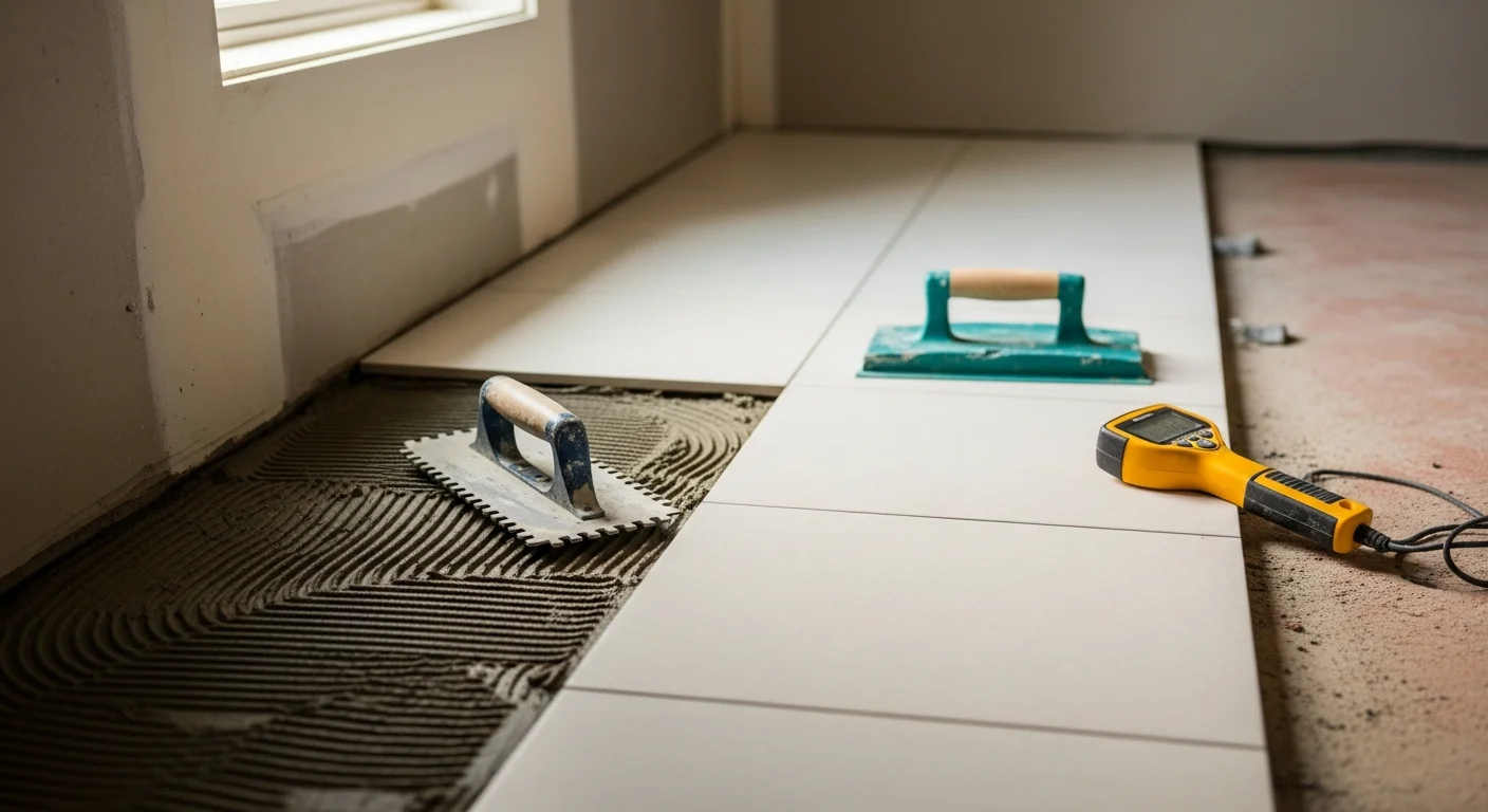 Freshly installed water-resistant bathroom floor in a Bentonville home, showing clean grout lines and a dry, finished surface near the base of a bathtub. The subfloor is fully covered with new tile laid flush to the bathroom walls and fixtures.