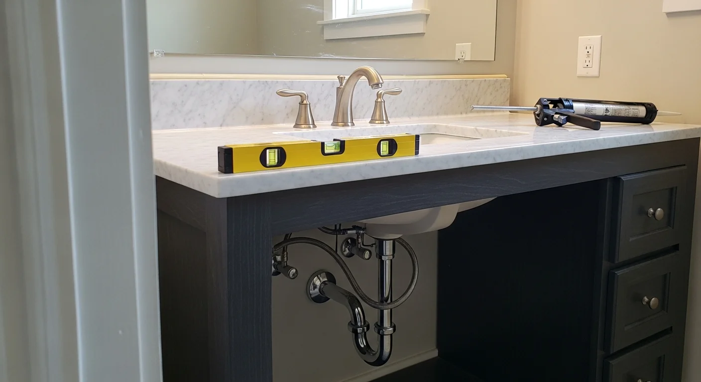 A newly installed bathroom vanity with a sealed countertop, connected faucet, and finished cabinet doors in a Bentonville home bathroom. The vanity sits level against a clean wall with caulked edges and visible plumbing connections neatly routed beneath the sink.