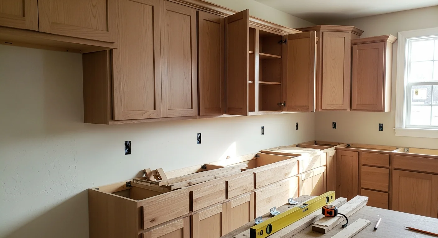 Newly installed custom kitchen cabinets in a Bentonville home, showing white shaker-style base and wall cabinets with aligned doors and open countertop space ready for use. The kitchen features an open layout with consistent cabinet runs along two walls.