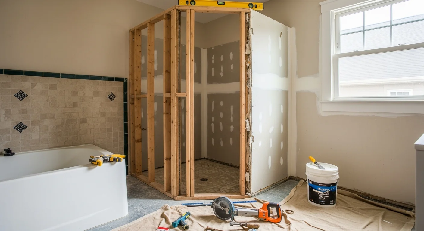 A newly installed custom walk-in shower in a Bentonville home bathroom, featuring tiled walls, a low-threshold base, and a glass enclosure. The finished space shows clean grout lines and a modern showerhead fixture against a neutral wall tile.