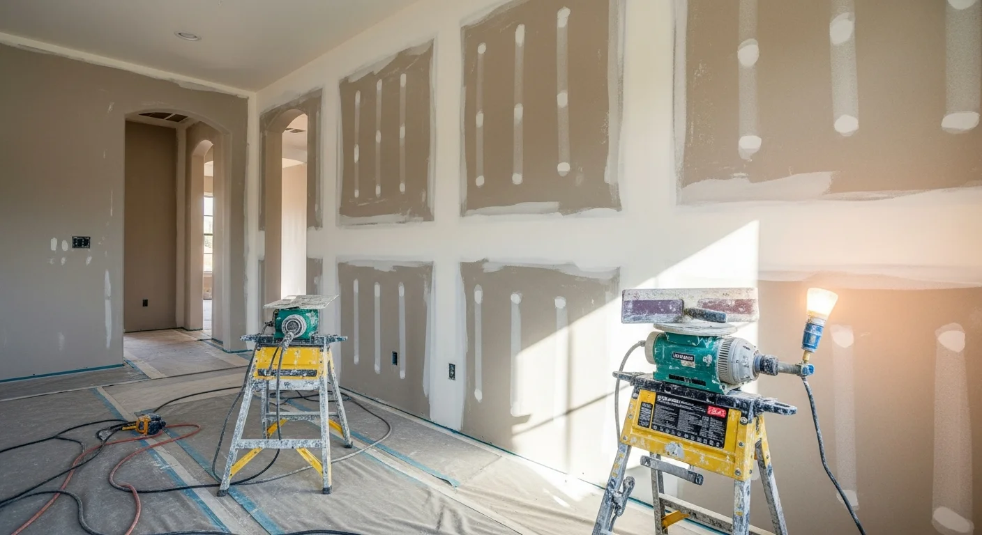 A freshly drywalled interior room in a Bentonville home showing smooth, taped, and mudded walls ready for paint. The space shows clean corner bead work and consistent wall surfaces throughout.