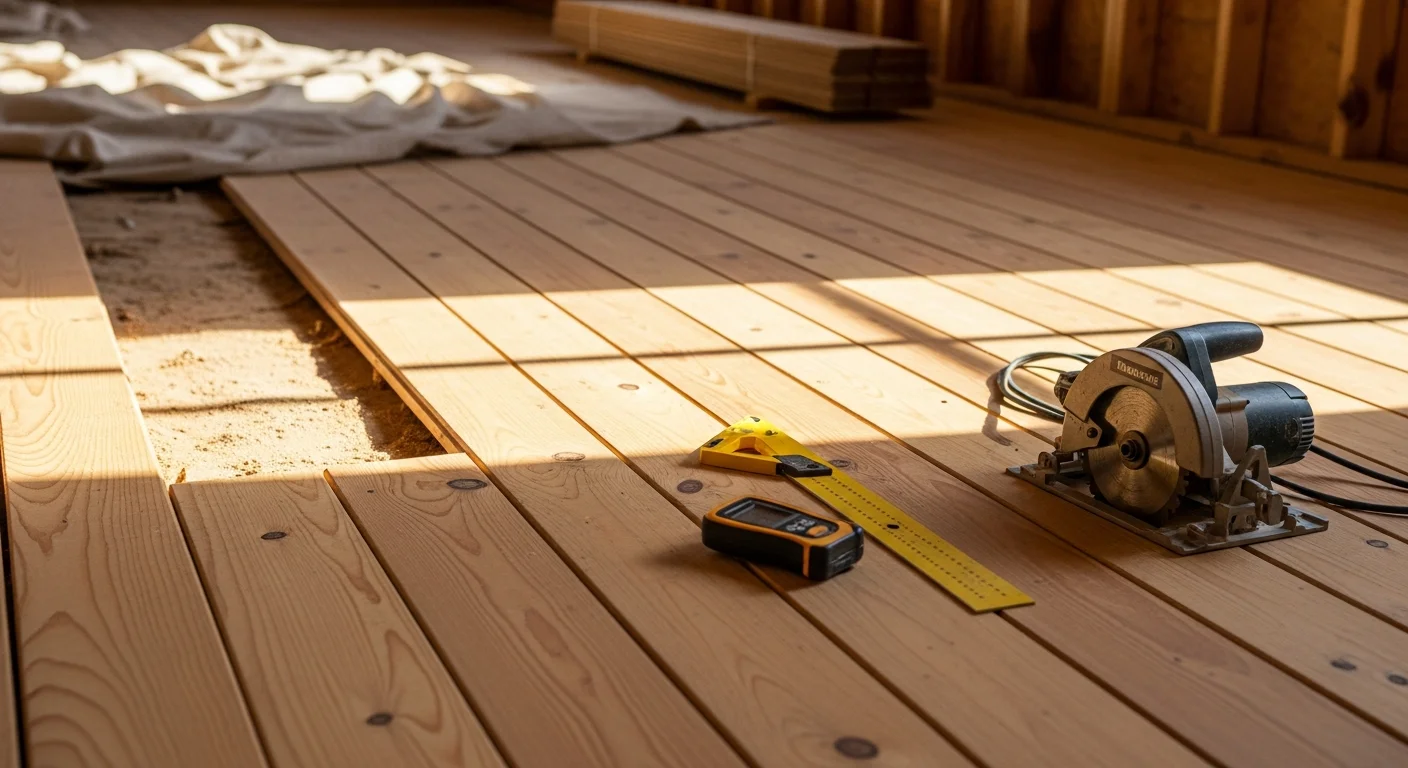 Freshly installed hardwood-look flooring in a Bentonville, Arkansas home with a clean subfloor visible at the room's edge. A general contractor inspects the finished surface near a bright, open-plan living area.