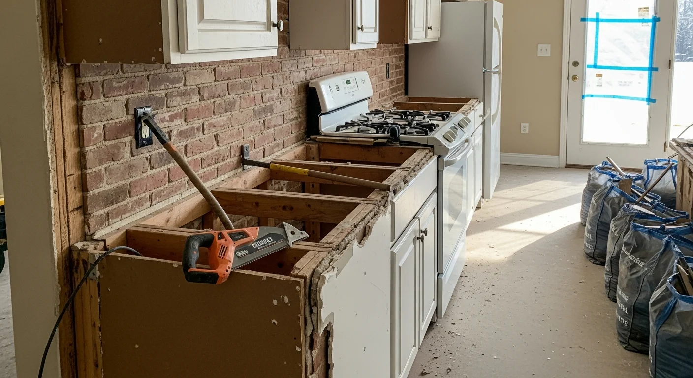 Interior of a Bentonville home mid-demolition, with drywall removed from walls and flooring stripped down to the subfloor. Debris is contained to the work area while surrounding rooms remain protected.