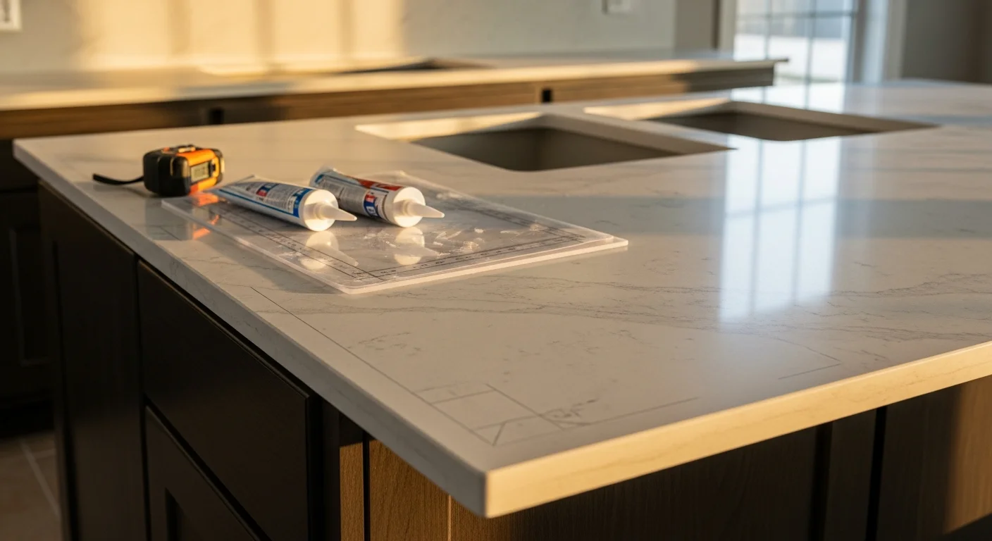 Newly installed kitchen countertop in a Bentonville home, showing clean edge profiles and a fitted undermount sink cutout. The open-concept kitchen layout reflects the newer construction style common across Northwest Arkansas.