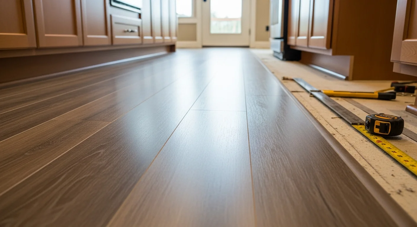 Newly installed kitchen flooring in a Bentonville home, showing clean seams and a smooth surface extending from the kitchen into an open living area. The floor is viewed from a low angle to highlight the flat, even finish across the full kitchen space.