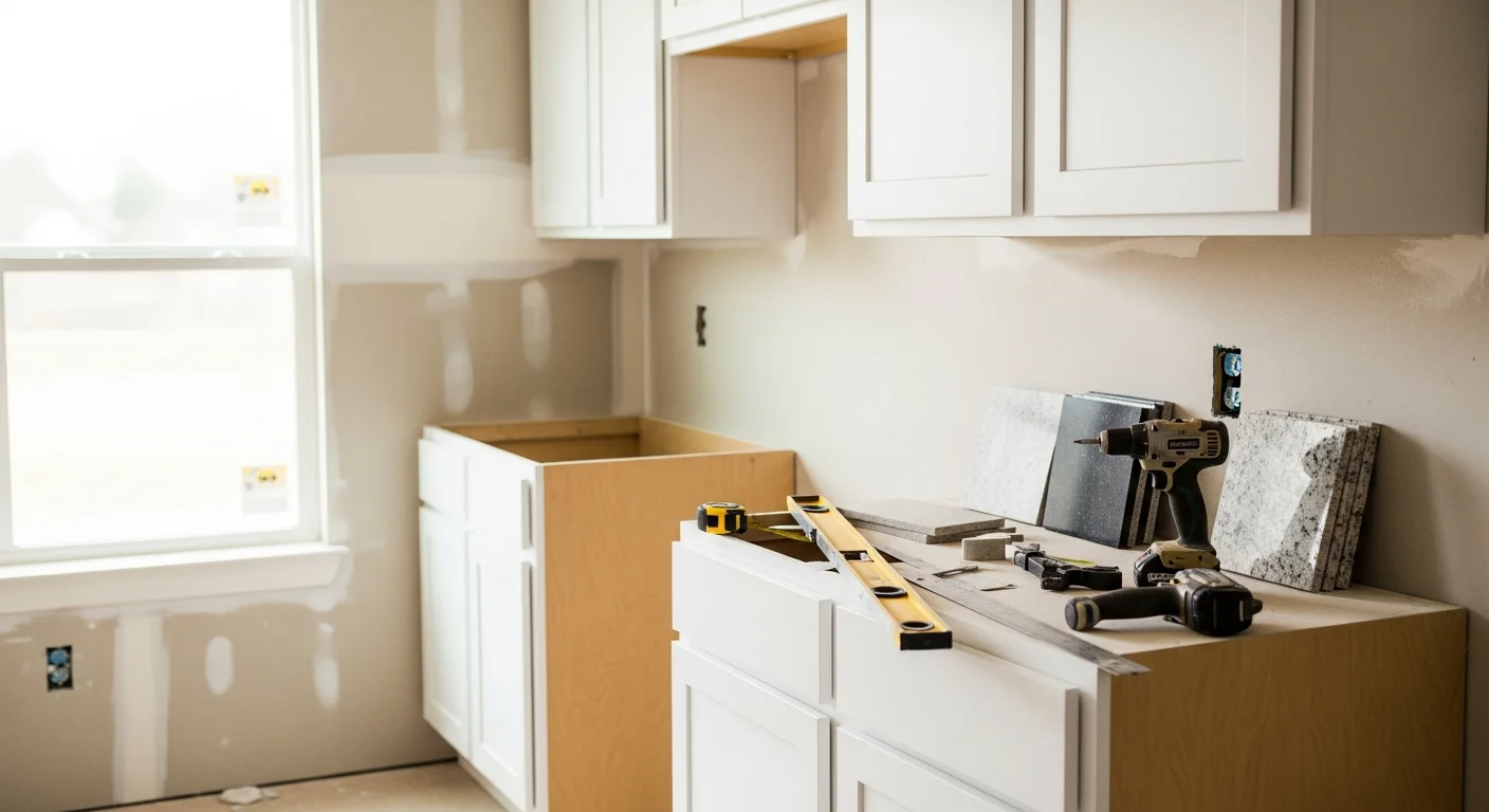 A finished kitchen remodel in a Bentonville, AR home showing new cabinetry, updated countertops, and recessed lighting over an open layout. The space reflects a clean, functional design suited to a Northwest Arkansas residential property.
