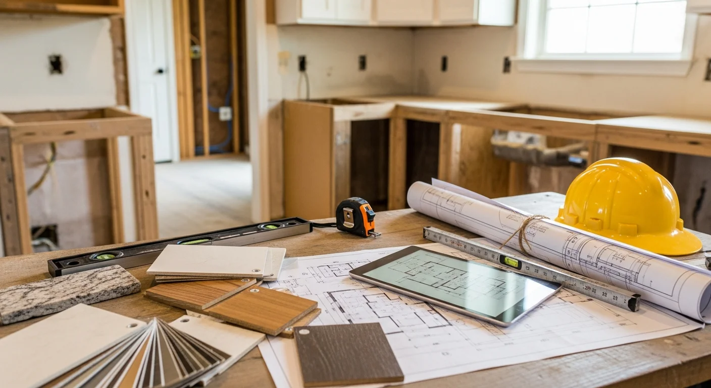 A general contractor reviewing a remodeling plan with a homeowner inside a Bentonville, Arkansas single-family home. The consultation takes place in a residential interior showing an existing kitchen layout marked for renovation.