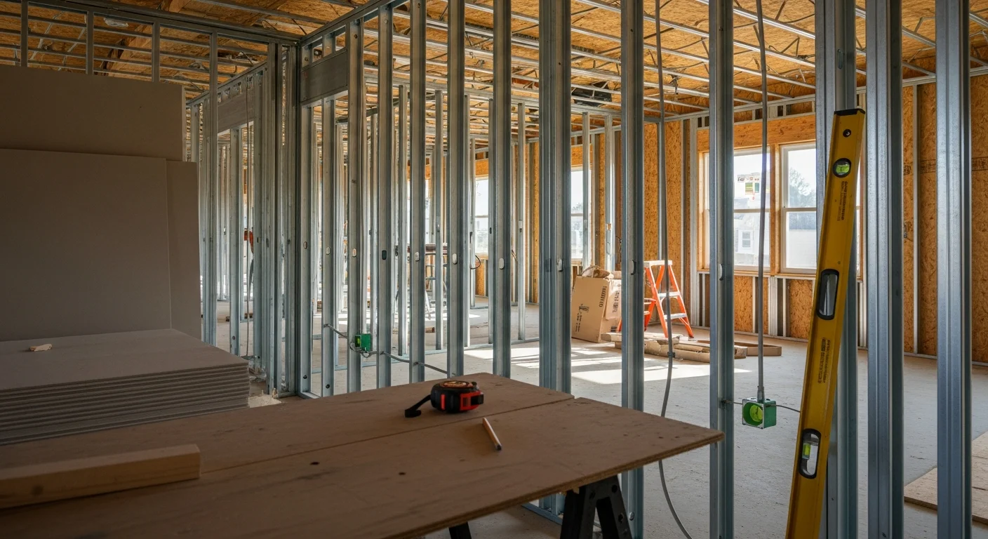 A newly framed single-family home under construction on a residential lot in Bentonville, Arkansas, with wood framing and roof trusses visible against a clear sky. A general contractor reviews plans on-site during the framing stage of the build.